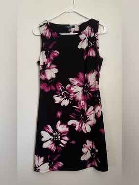 Chaps Black Midi Dress with Pink and White Floral Print
